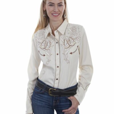 Women *  | New Threads Western Scully Women’S Cream Horseshoe Long Sleeve Western Shirt