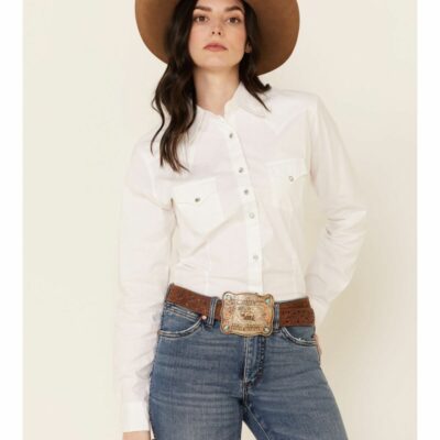 Women *  | Sale Online Wrangler Women’S White Pearl Snap Long Sleeve Western Shirt