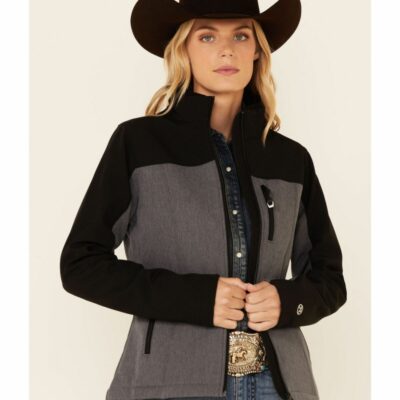 Women *  | Unique Roper Women’S Grey & Black Contrast Fleece Zip-Front Softshell Jacket