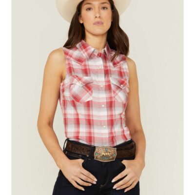 Women *  | Cheap Wrangler Women’S Americana Plaid Print Sleeveless Western Snap Shirt