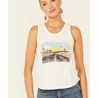 Women *  | Hot Sell Rock & Roll Denim Women’S Ivory Desert Road Sunset Graphic Tank Top