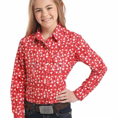 Gifts *  | Bestsellers White Label By Panhandle Girls’ Red Hearts & Teepee Long Sleeve Western Shirt