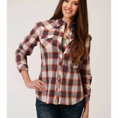 Women *  | New Threads Roper Women’S Red & Charcoal Dobby Plaid Long Sleeve Snap Western Core Shirt Plus