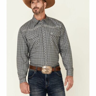 Men *  | Unique Cowboy Hardware Men’S Grey & Navy Plaid Long Sleeve Snap Western Shirt