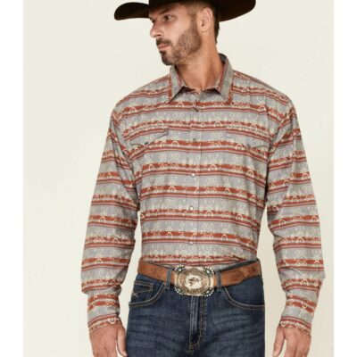 Men *  | Discount Roper Men’S Grey Southwestern Blanket Stripe Long Sleeve Snap Western Shirt