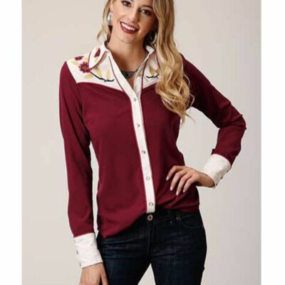 Women *  | Roper Exquisite Gifts Studio West Women’S Red Vintage Floral Embroidered Long Sleeve Western Shirt