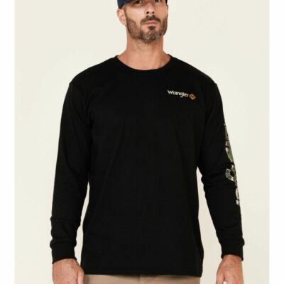 Men *  | Hot Selling Wrangler Fr Men’S Black Camo Logo Long Sleeve Work T-Shirt Big