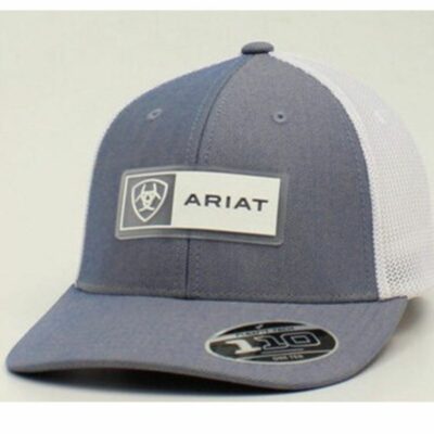 Men *  | Hot Sell Ariat Men’S Light Blue Rectangle Logo Patch Mesh-Back Flex-Fit Ball Cap