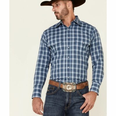 Men *  | Bestsellers Wrangler Men’S Wrinkle Resist Blue Small Plaid Long Sleeve Snap Western Shirt