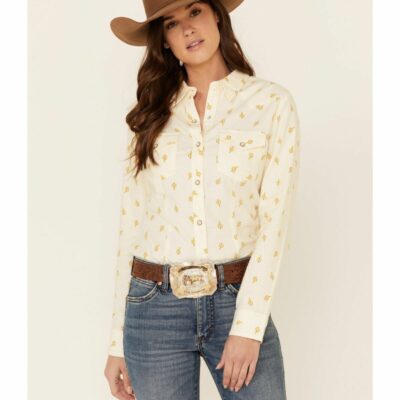 Women *  | Discount Wrangler Women’S Ivory All-Over Cactus Print Long Sleeve Western Core Shirt