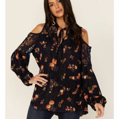 Women *  | Sale Online Miss Me Women’S Cold Shoulder Long Sleeve Floral Top