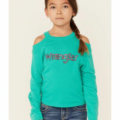 Kids *  | New Wrangler Girls’ Teal Southwestern Logo Cold Shoulder Long Sleeve Top